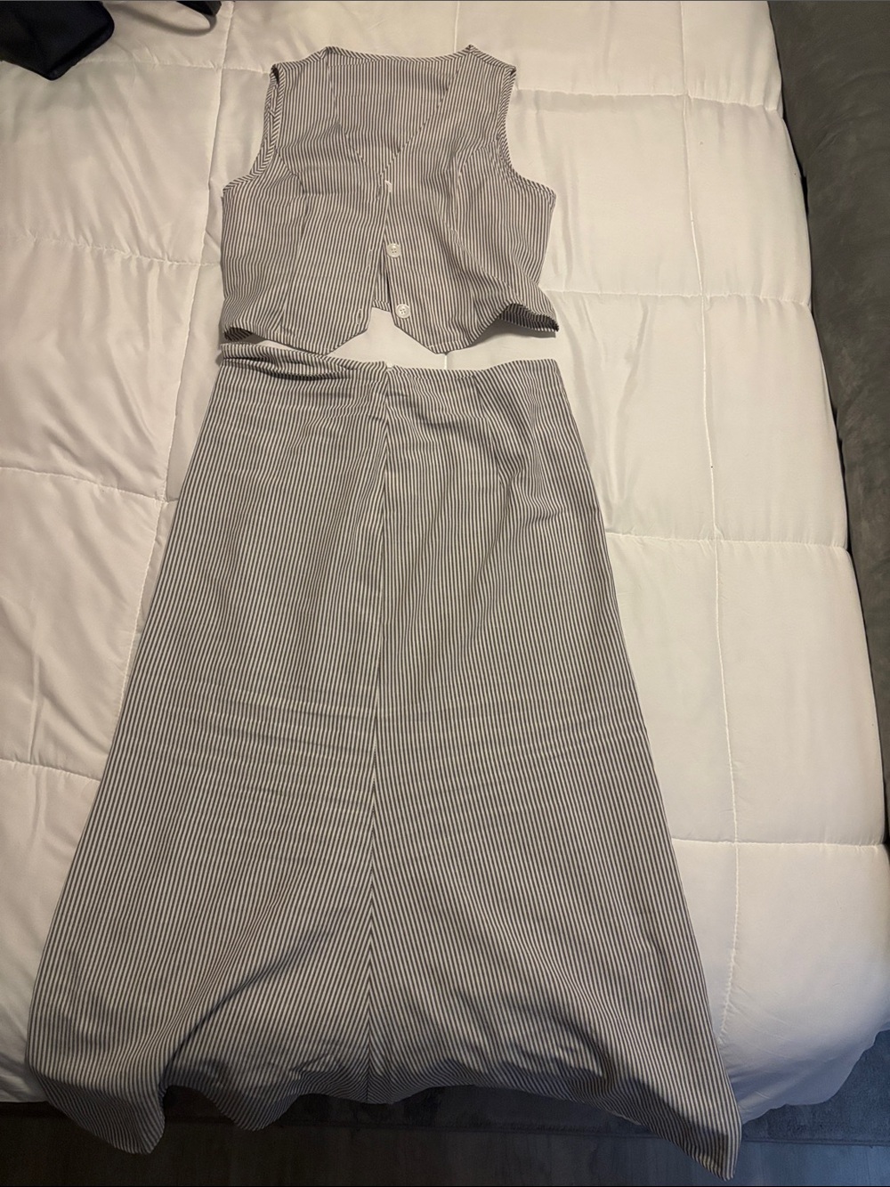 Striped Gray and White Maxi Skirt - Classic A-Line with matching vest